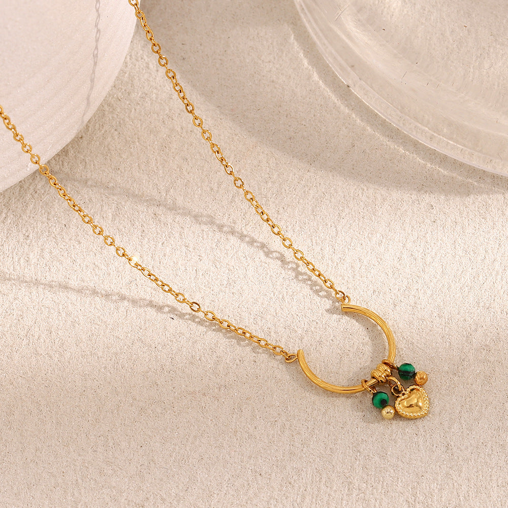 Fashionable Minimalist Geometric Round Ring and Heart Pendant Necklace in Stainless Steel with 18K Gold Plating for Women