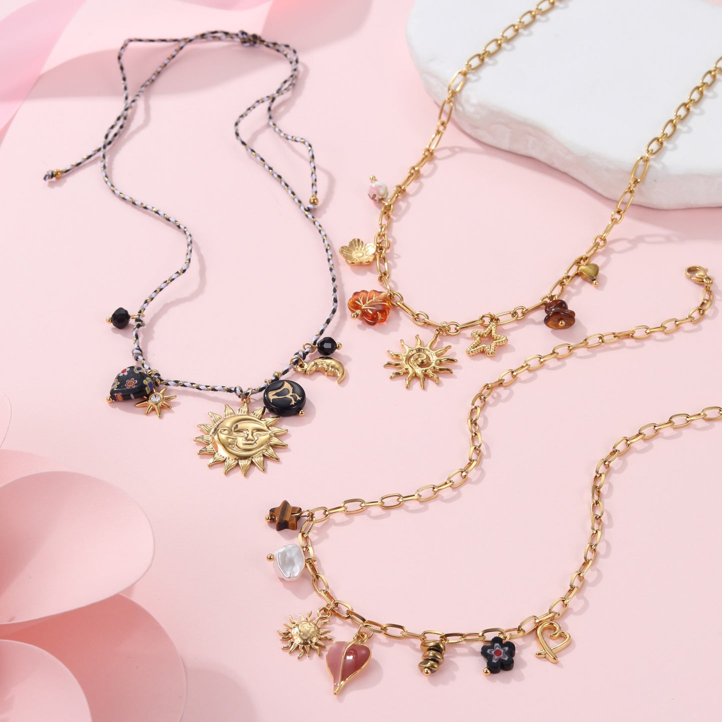 Fashionable Heart and Sun Pendant Necklace in Stainless Steel with Plated Finish for Women