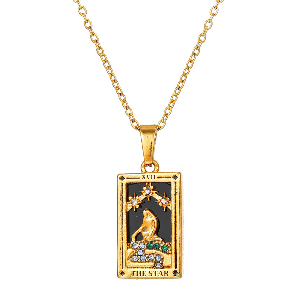 Vintage Casual Rectangle Drip Oil Cubic Zirconia Stainless Steel Necklace with Geometric Tarot Pendant Cable Chain Unisex