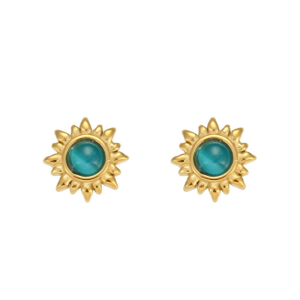 Vintage-Inspired Geometric Stainless Steel Earrings with 18K Gold Plating and Natural Sunstone Cat's Eye Accents for Women