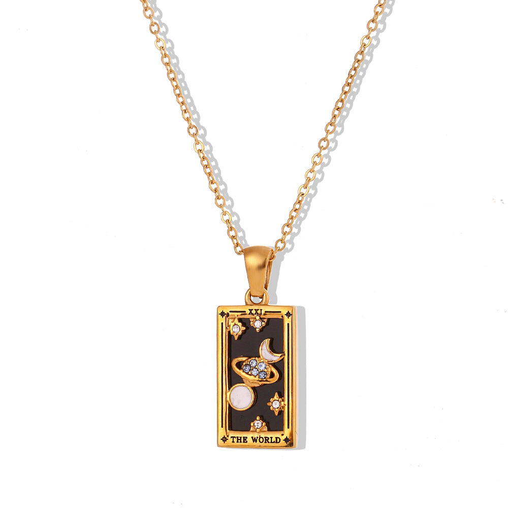 Fashionable Vintage Rectangular Titanium Steel Pendant Necklace with Enamel Finish and Zircon Inlay for Women