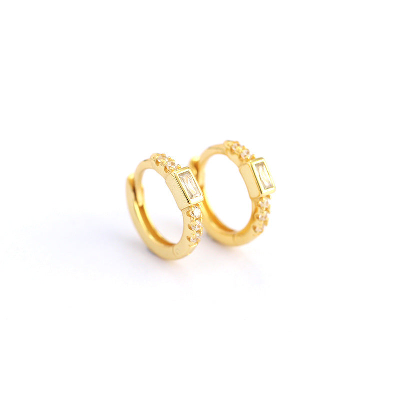 Minimalist Geometric S925 Sterling Silver Hoop Earrings with Rhinestone Inlay for Women