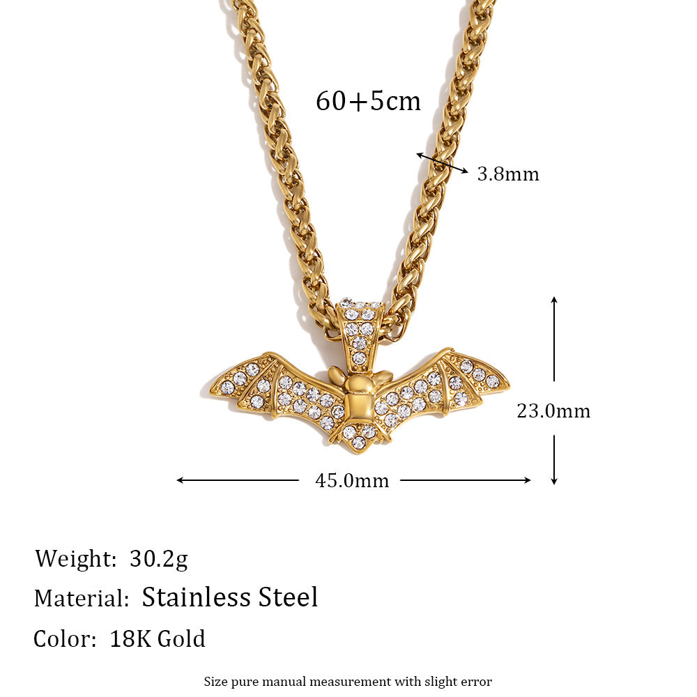 Fashionable Bat-Shaped Pendant Necklace for Women Stainless Steel with 18K Gold Plating and Full Rhinestone Inlay on Standard Chain