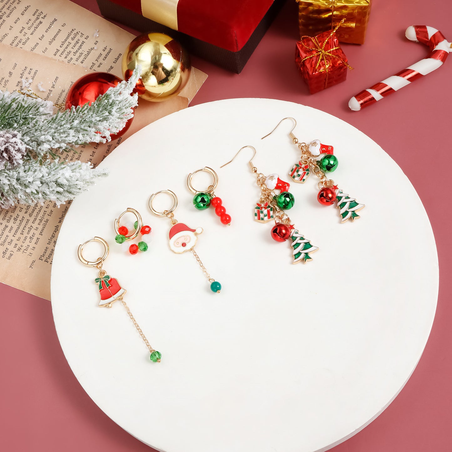 Pendientes colgantes vintage de campana de árbol de Navidad de aleación de zinc geométricos para mujer con acabado chapado
