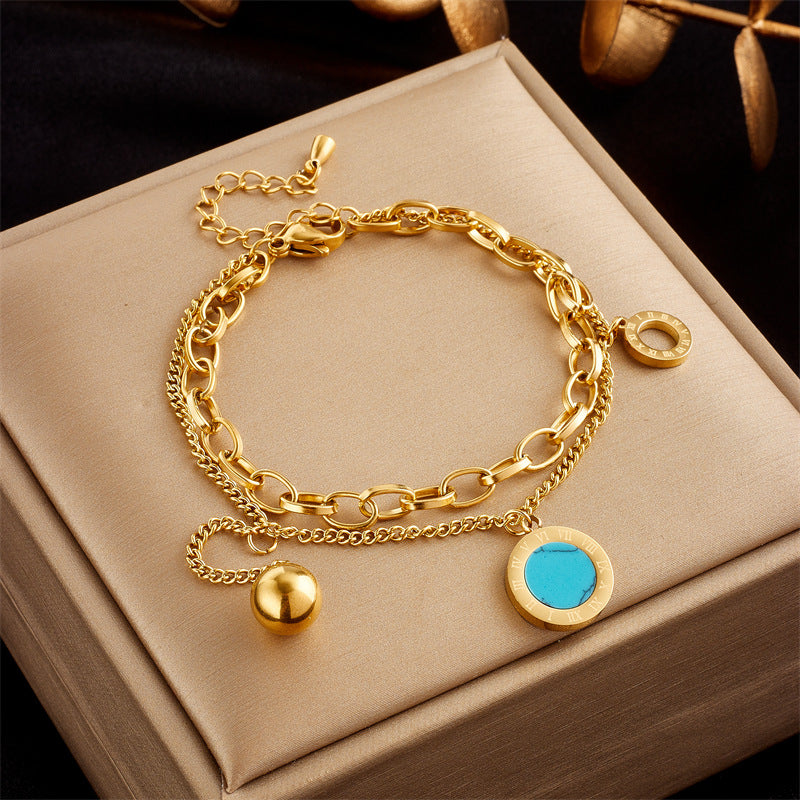 Minimalist Fashionable Stainless Steel Electroplated Round Pendant Bracelet with Rhinestone Accents Butterfly and Eye Motifs for Women