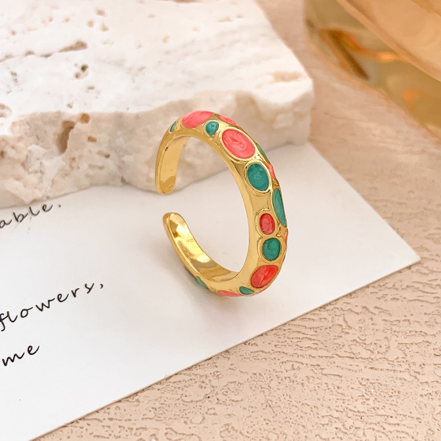 Anello regolabile aperto da donna vintage elegante in lega placcato oro con olio a goccia a pois geometrici