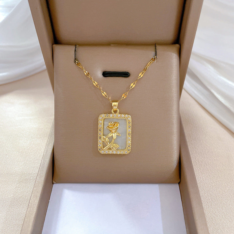 Collar de acero de titanio geométrico minimalista de lujo con incrustaciones de diamantes de imitación para mujer