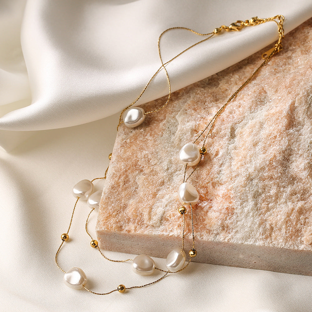 Minimalist Baroque Pearl Layered Necklace for Women with Titanium Steel Chain and Geometric Pendant