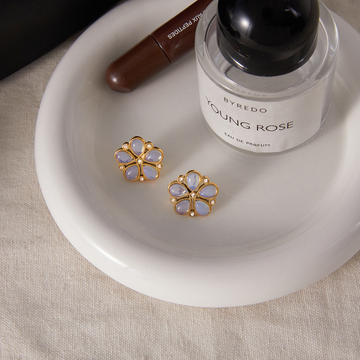 Cute Floral Stainless Steel Plated Earrings with Cubic Zirconia and Natural Gemstone for Women