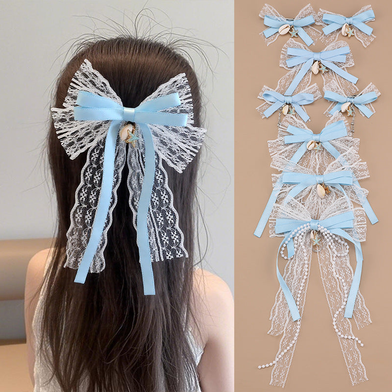 Natural Style Bow-Shaped Hair Clip with Flowing Tassels and Sheer Mesh for Girls, Plastic Resin Duckbill Hairpin