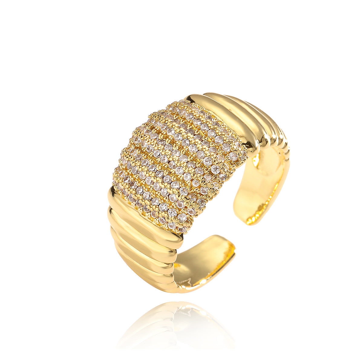 Anello aperto geometrico minimalista da donna in ottone con placcatura in oro 18 carati e intarsio in zirconi