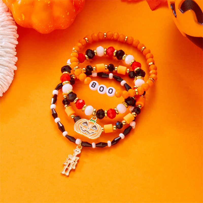 Bracciale da donna con perline a forma di teschio, zucca e fantasma in stile cartone animato, con ciondolo in lega e tema festa di Halloween