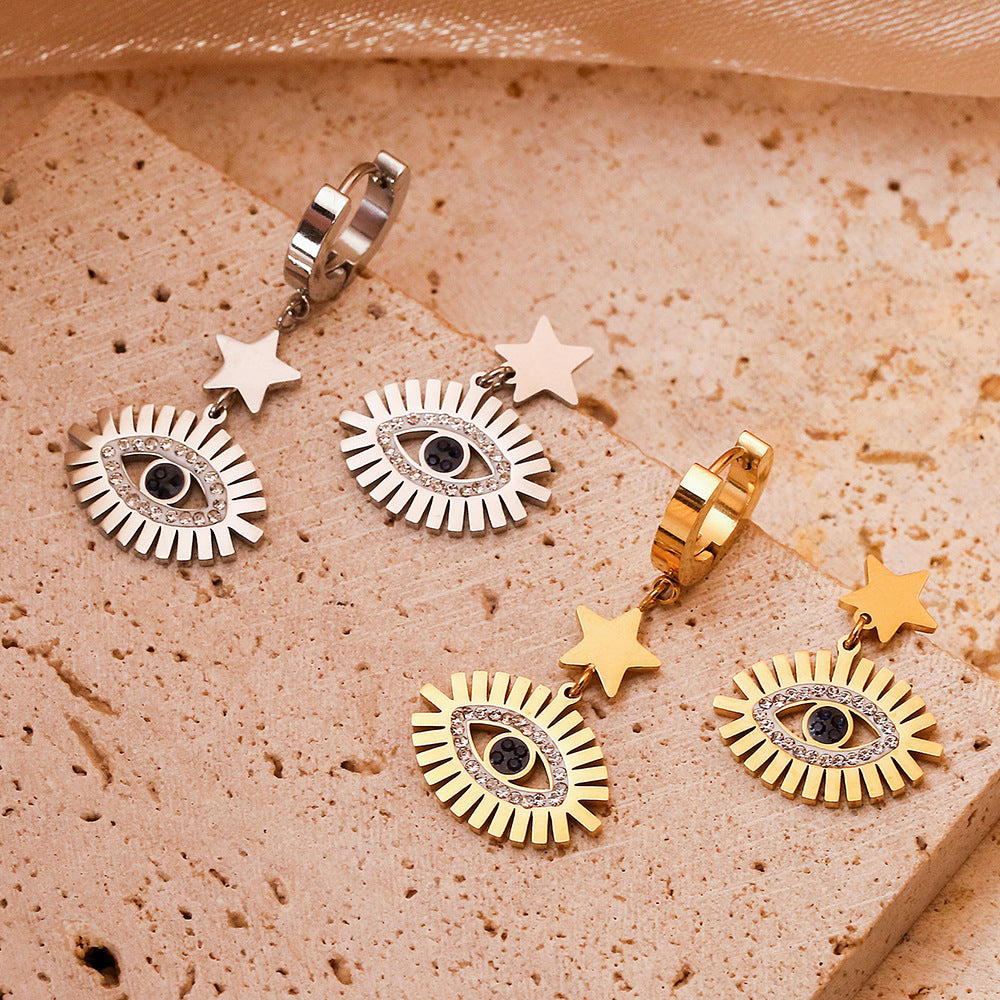 Vintage Geometric Titanium Steel Plated Evil Eye Star Pendant Earrings for Women