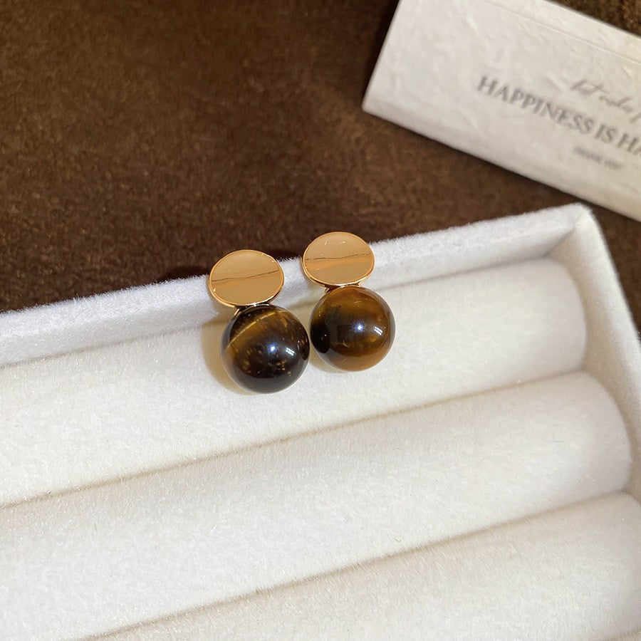 Orecchini a perno geometrici vintage in occhio di tigre, in acciaio placcato oro 18 carati da donna