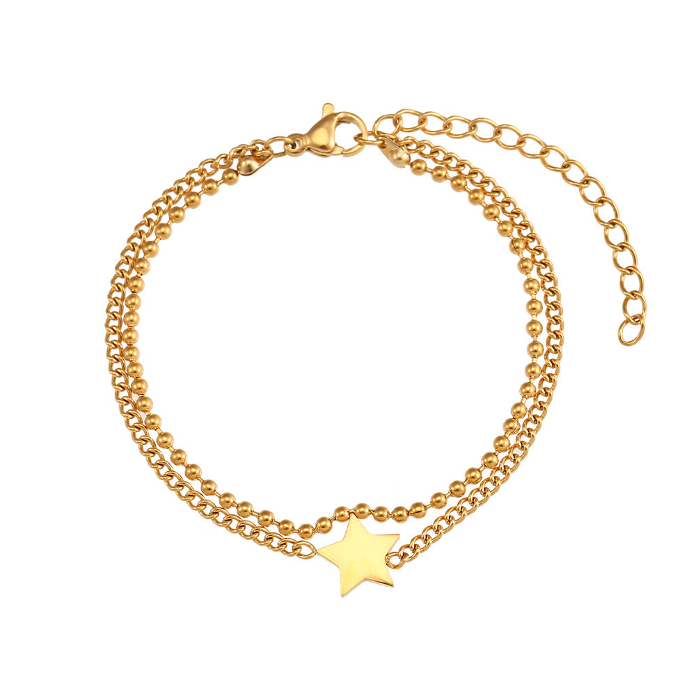 Fashionable Geometric Stainless Steel Twisted Beaded Double-Layer Star Bracelet with Plated Finish for Women