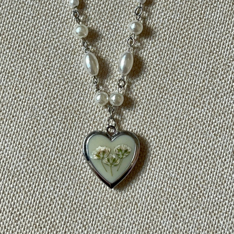 Vintage Painted Floral Heart Oval Brass Plated Pendant
