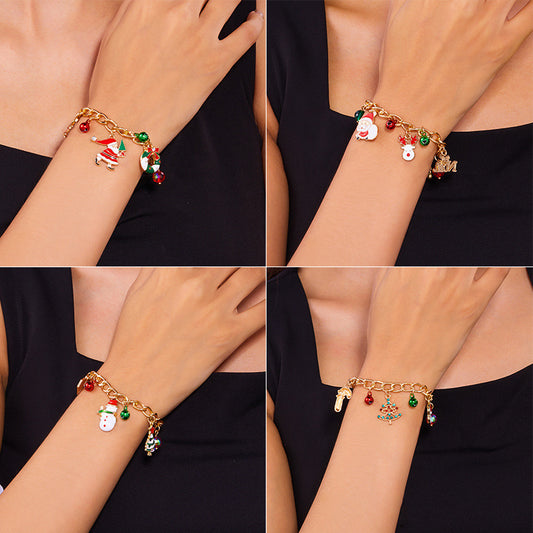 Pulsera de aleación con colgantes de árbol de Navidad, muñeco de nieve, campana, reno y bastón, esmaltada, para mujer