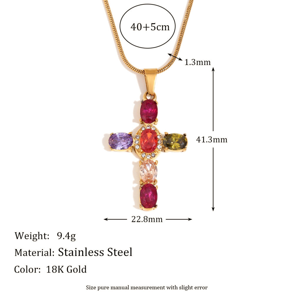 Collana bohémien vintage con ciondolo a croce in acciaio inossidabile placcato oro 18 carati e intarsi di strass colorati su catena sottile a serpente per donna