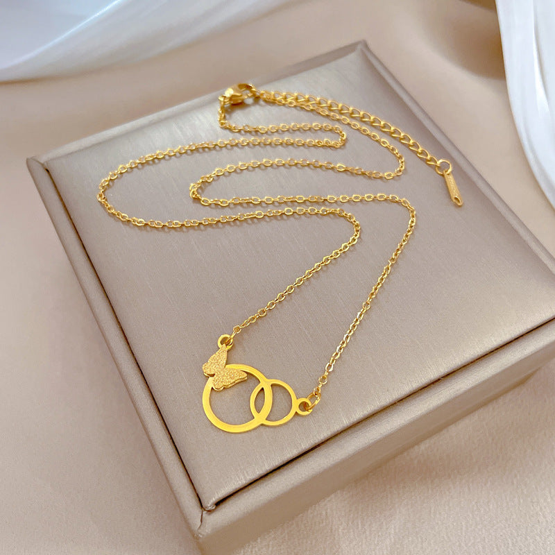 Minimalist Titanium Steel Butterfly Pendant Necklace for Women with Gold Plating and Geometric Design Locket Chain