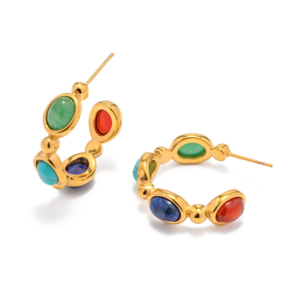 Orecchini geometrici a C in acciaio inossidabile placcati oro 18 carati con intarsio in pietra naturale da donna