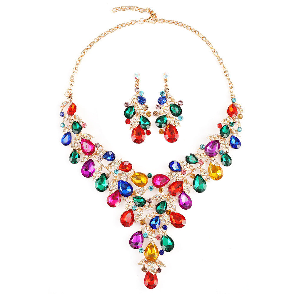 Vintage Floral Alloy Pendant Necklace Set with O-Chain, Rhinestone-Inlaid Leaf and Lotus Pod Motifs for Women