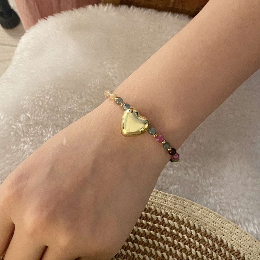 Pulsera vintage de cobre en forma de corazón con cuentas para mujer, con artesanía hecha a mano y detalles de piedras naturales