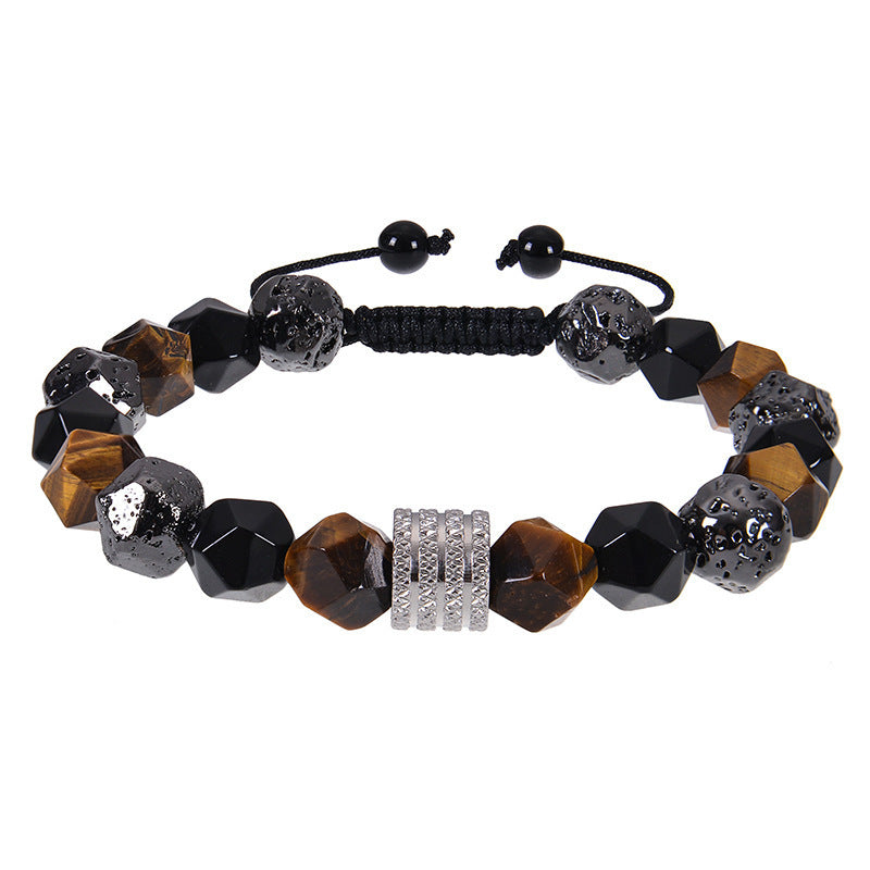 Minimalist Vintage Geometric Round Natural Obsidian Tiger Eye Stainless Steel Bracelet Unisex