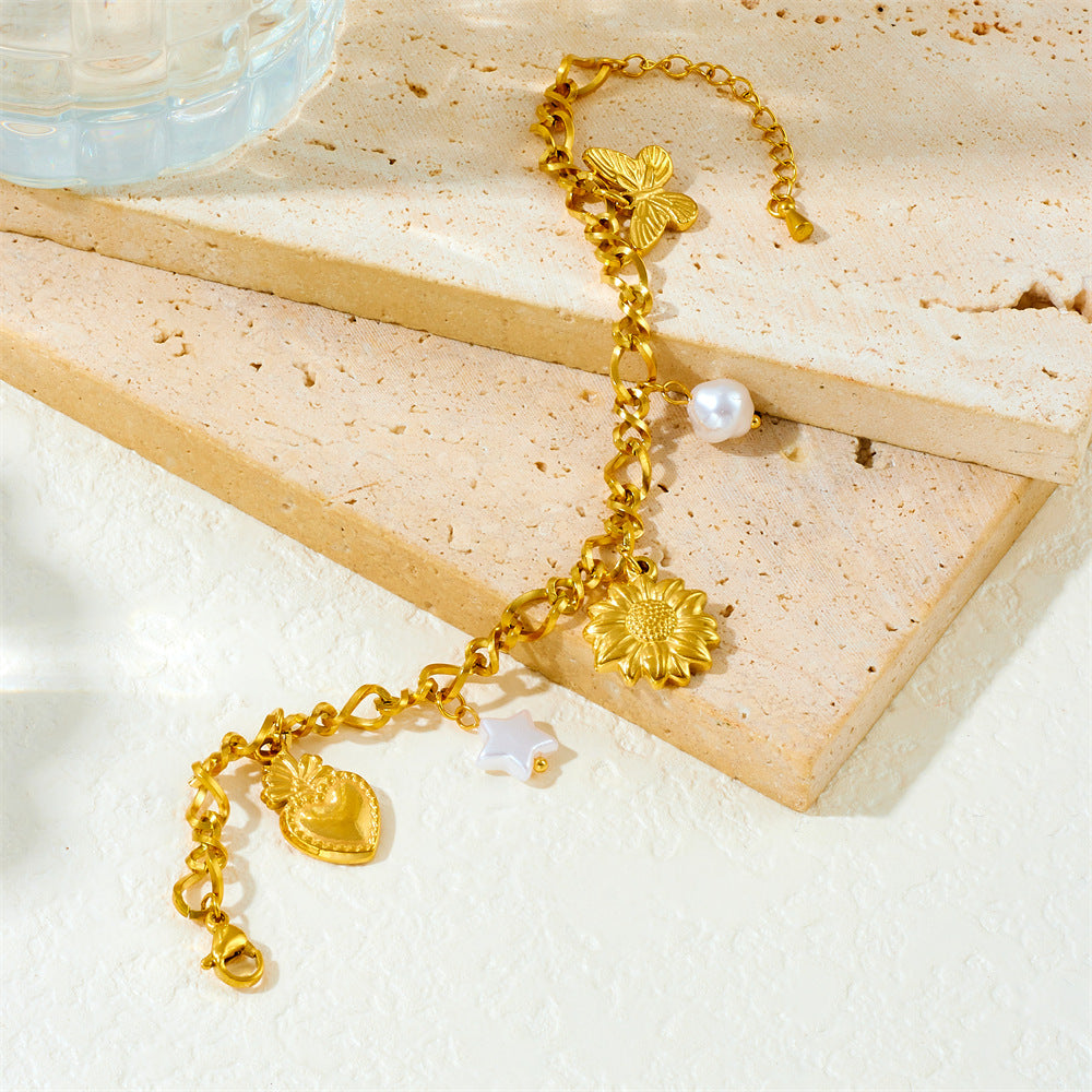 Gold Plated Stainless Steel Star Heart Butterfly Floral Bracelet
