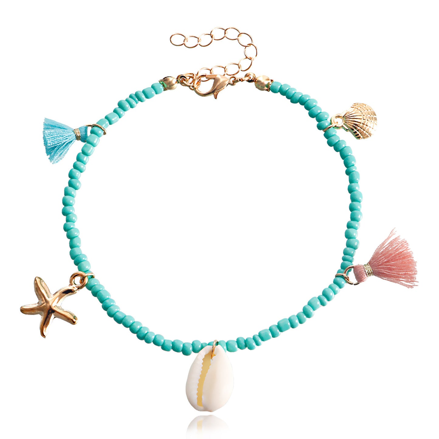 Bohemian-Style Geometric Alloy Anklet with Colorful Seed Beads and Tassel for Women Beach Shell Starfish Design