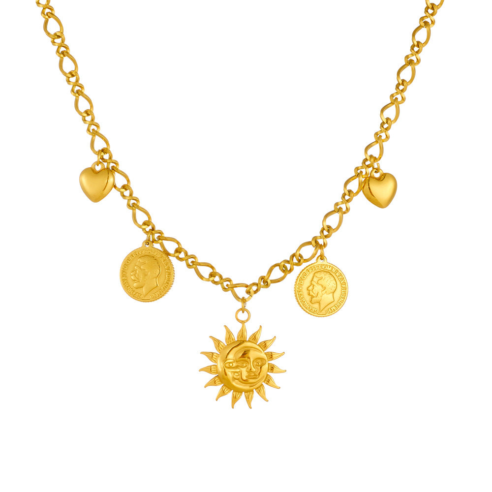 Punk Stainless Steel Plated Round Sun Moon Heart Pendant Cable Chain Necklace for Women