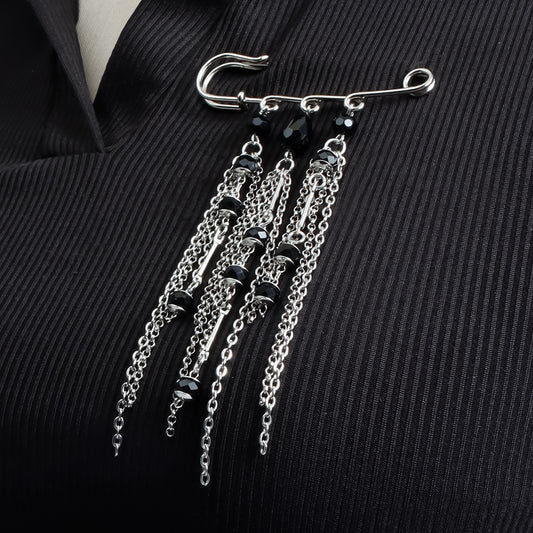 Fashion Geometric Black Crystal Tassel Brooch for Women Elegant Alloy Plated Pin Accessory