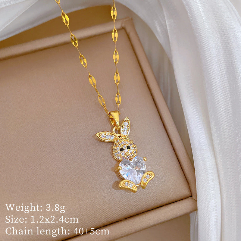 Sweet Minimalist Animal Shape Brass Pendant with Cubic Zirconia Inlay Titanium Steel Necklace for Unisex