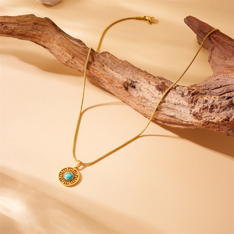 Set di Collana e Orecchini con Ciondolo Rotondo Geometrico Minimalista Vintage Turchese con Catena in Acciaio Inossidabile Placcato Oro