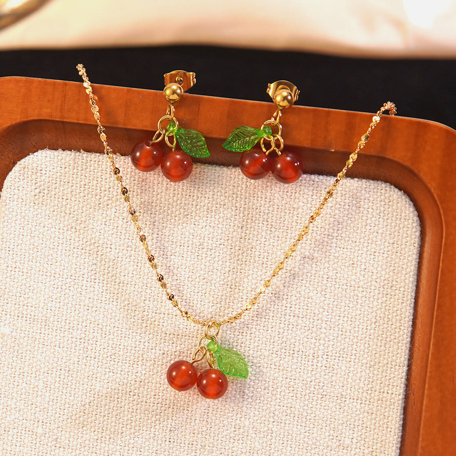 Minimalist Elegant Cherry Fruit Pattern Stainless Steel Plated Necklace and Earring Set for Women