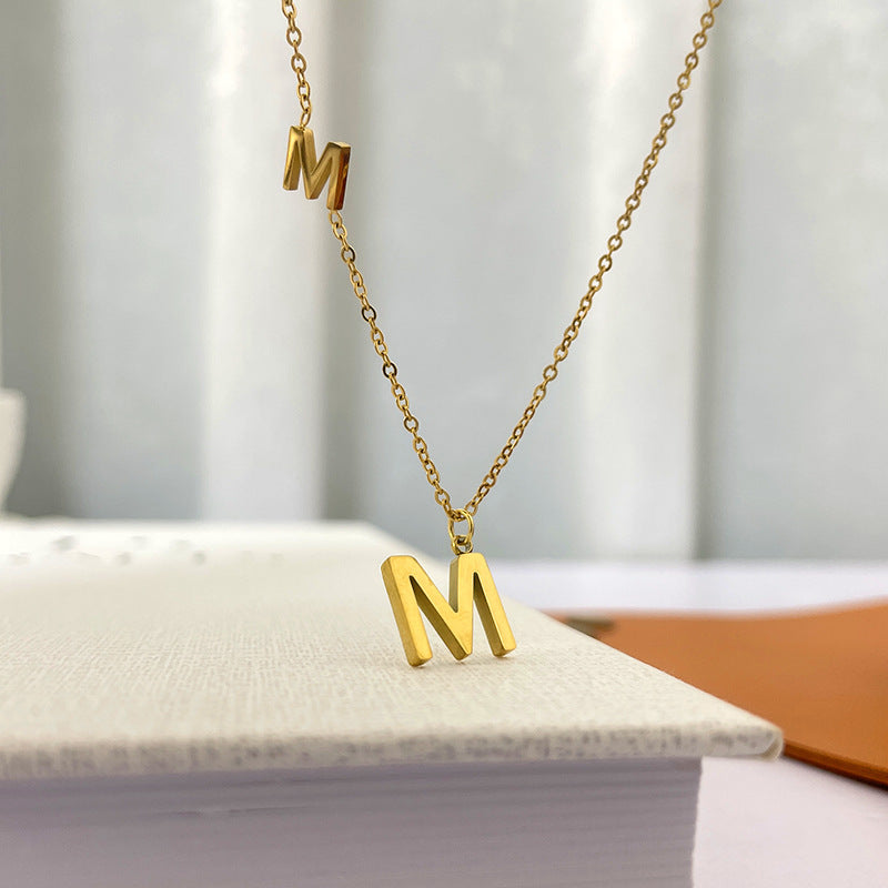 Minimalist Letter M Pendant Necklace in Titanium Steel with O-Chain for Women