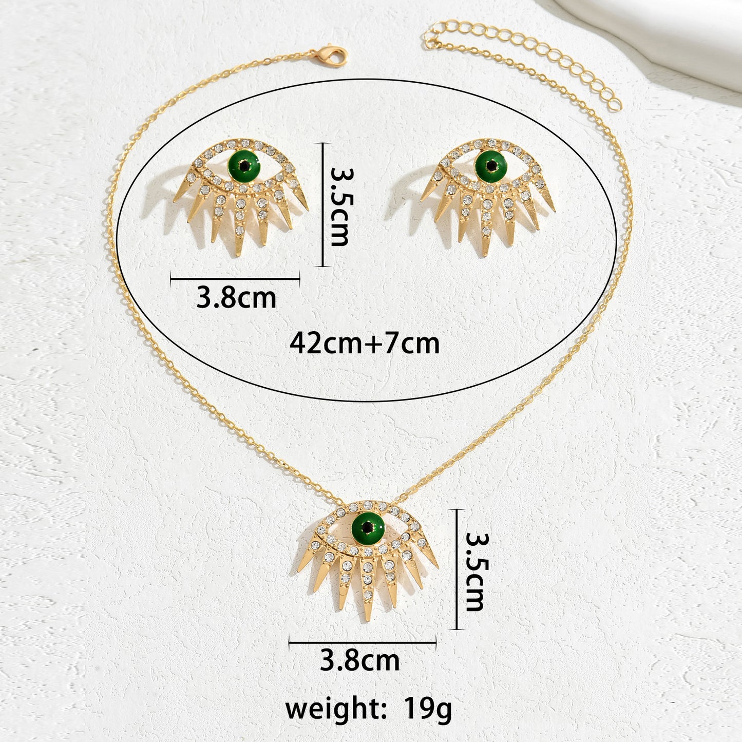 Conjunto de collar con colgante de ojo turco estilo Hip Hop y pendientes de tuerca de aleación con incrustaciones de diamantes de imitación para mujer