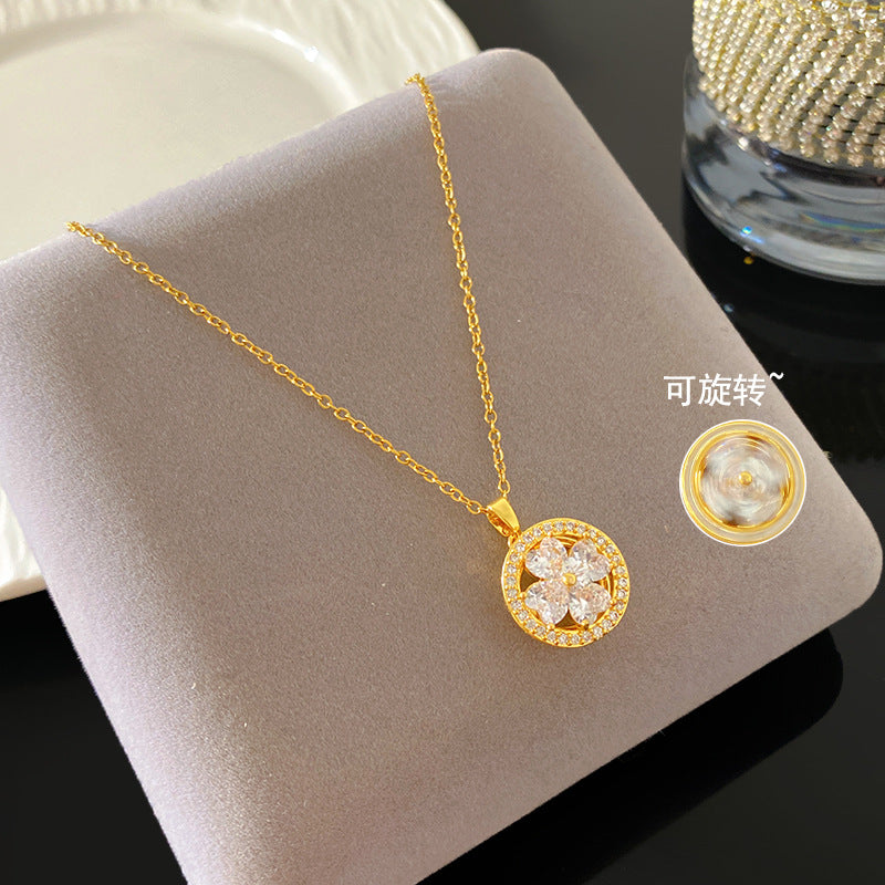 Sweet Sporty Full Cubic Zirconia Plant Shape Titanium Steel Plated Necklace for Women