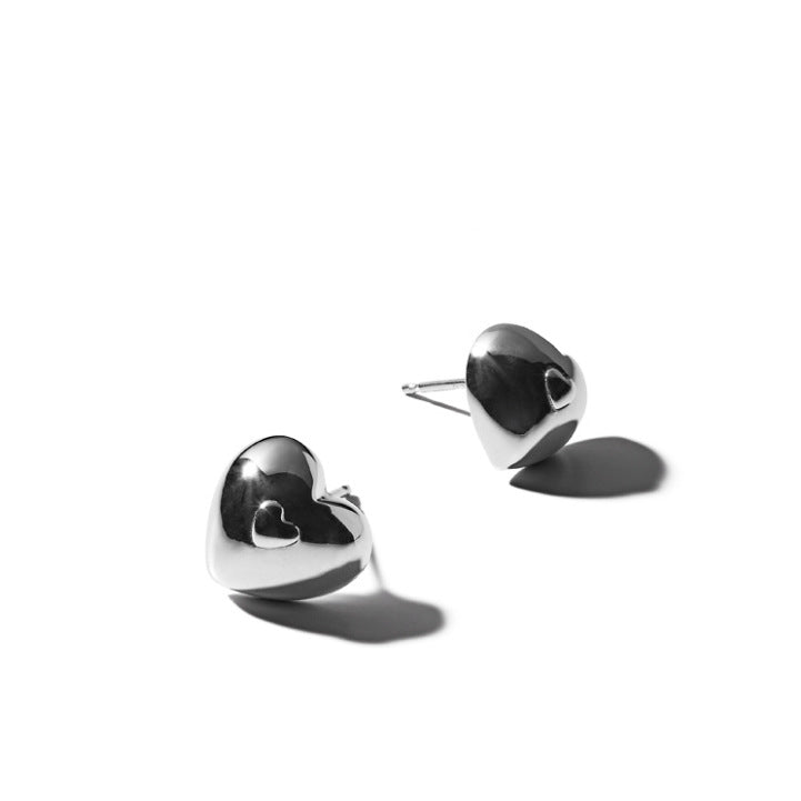 Minimalist Heart-Shaped 925 Sterling Silver Stud Earrings for Women with Handcrafted Finish