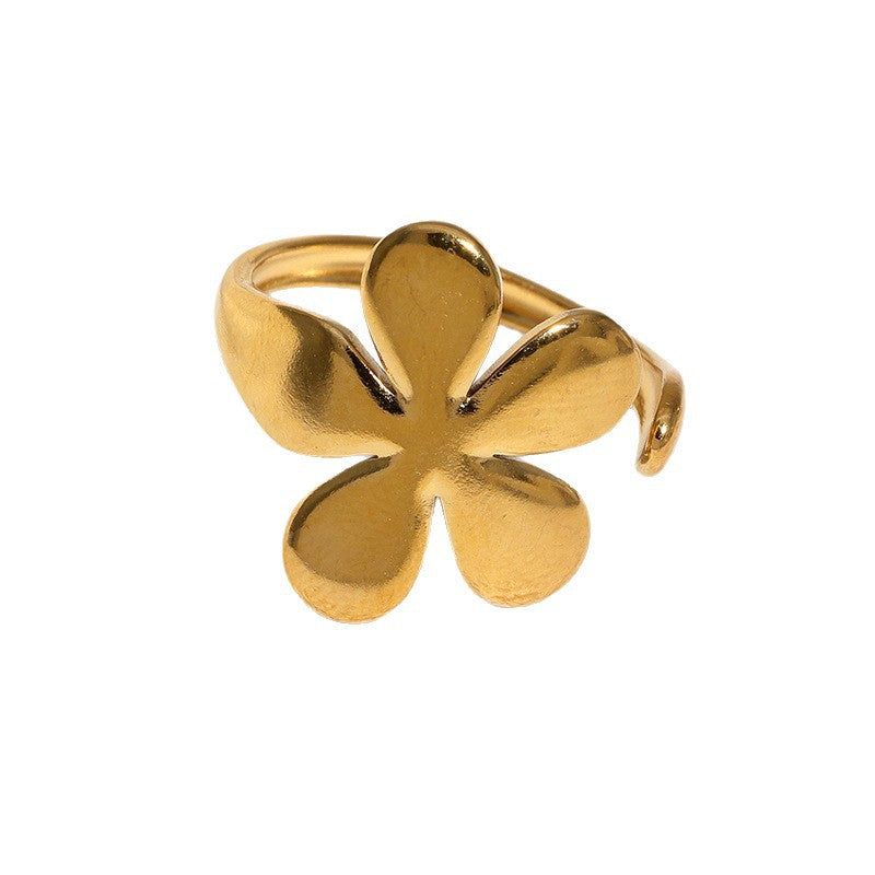 Sweet Minimalist Floral Plated Stainless Steel Adjustable Ring for Women