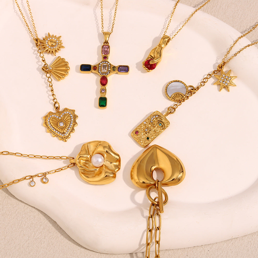 Vintage French-Style Square Cross Pendant Necklace in Stainless Steel with 18K Gold Plating and Rhinestone Accents