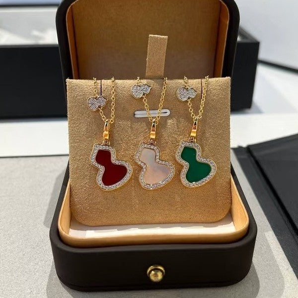 Collana con ciondolo a zucca stile cinese vintage con intarsi in cristallo e agata rossa, placcata in oro 18K su rame