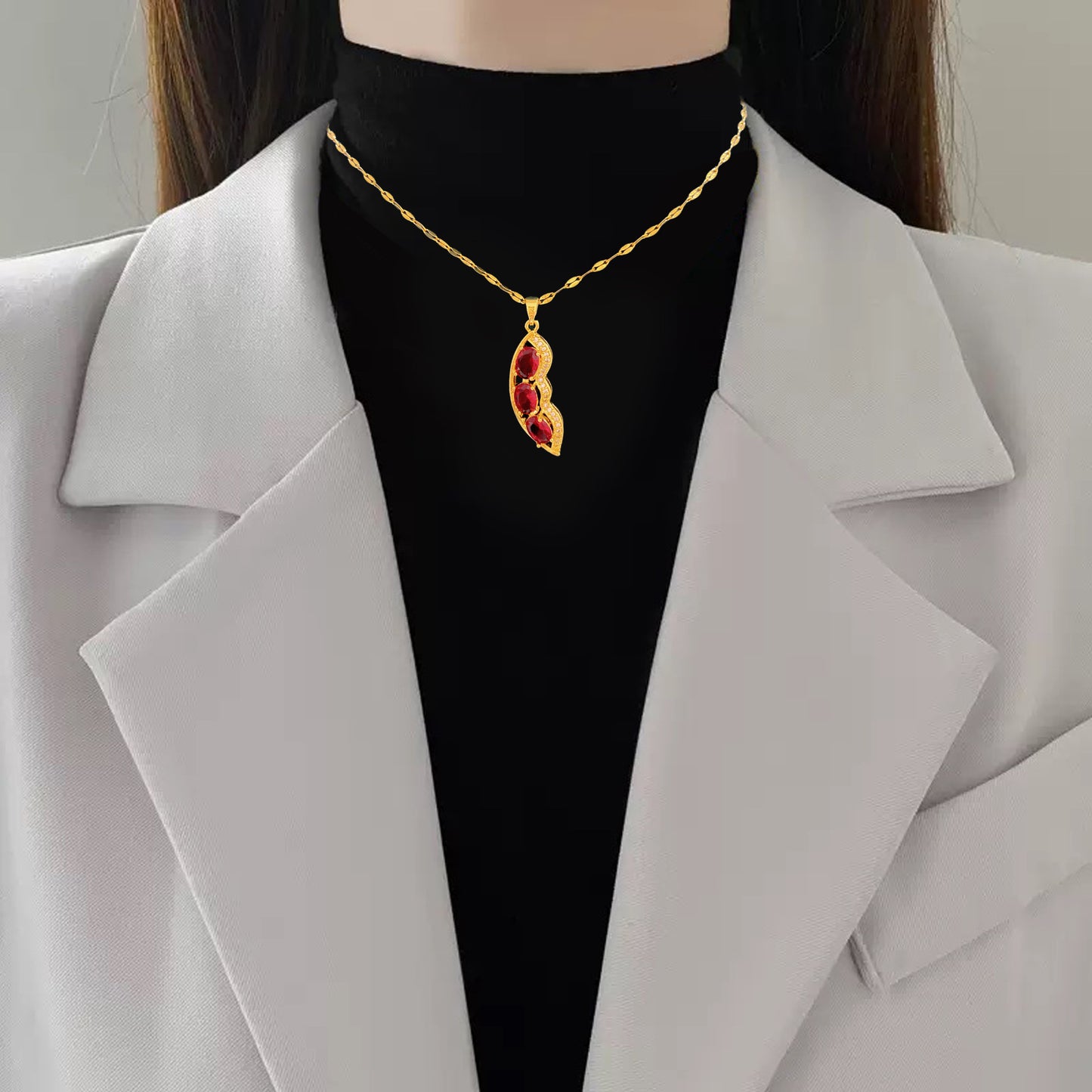Sporty Sweet Micro-set Ruby Pea Plant Pendant Titanium Steel Necklace for Women