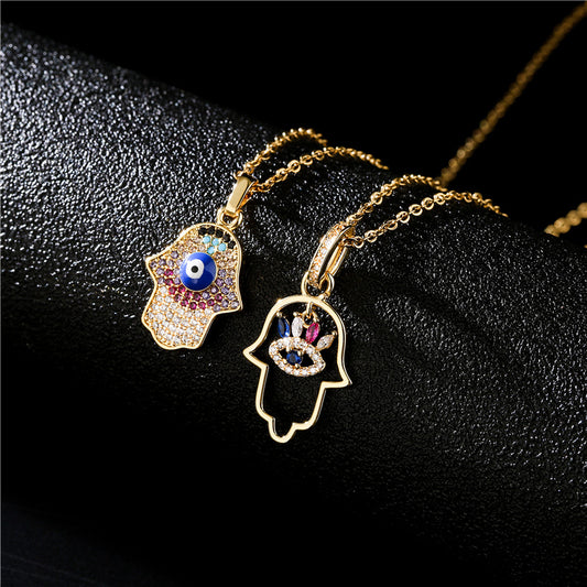 Fashion Hand Evil Eye Geometric Drip Oil Gold Plated Brass Micro-inlay Cubic Zirconia Necklace for Women with Cable Chain