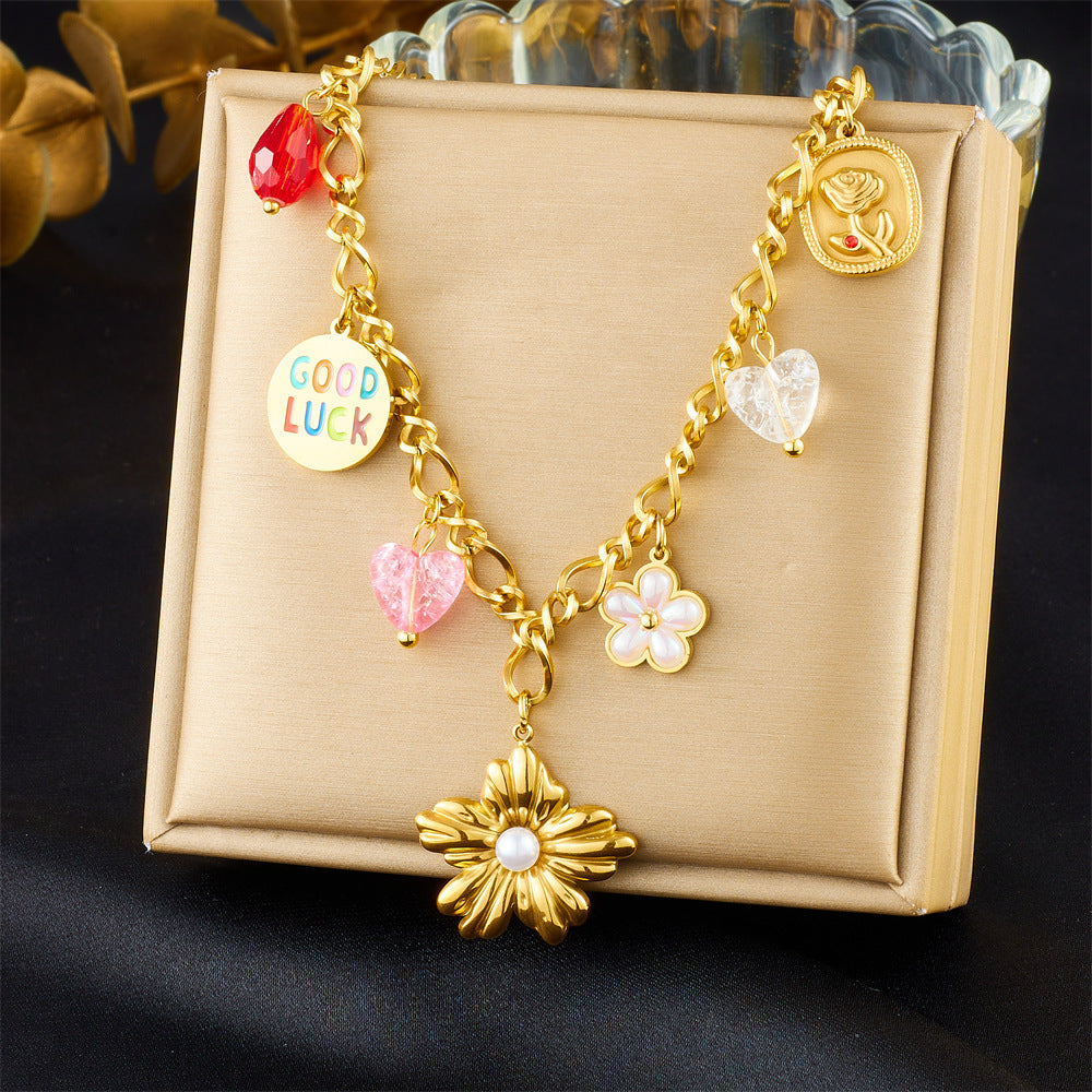 Elegant Stainless Steel Drip Oil Moon Sun Flower Pendant Necklace with Cable Chain for Women