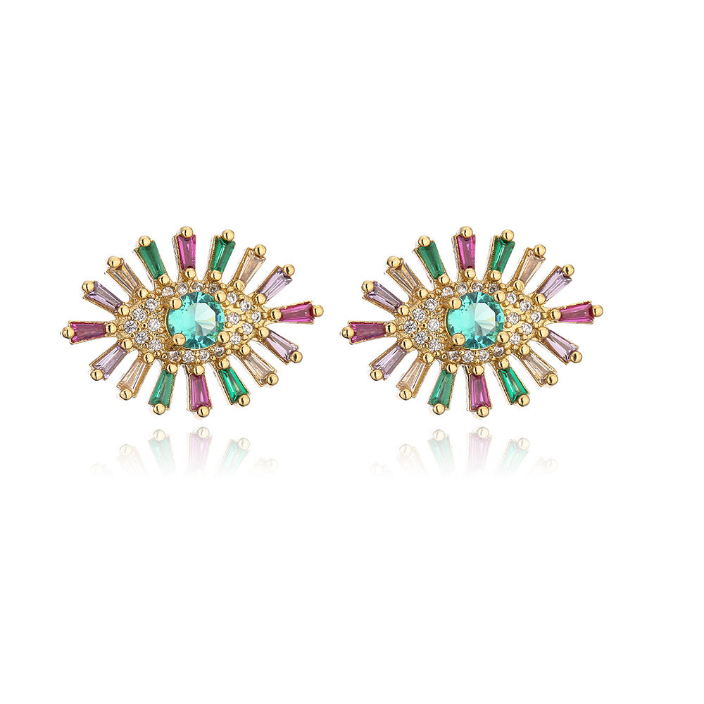 Geometric Copper Earrings with 18K Gold Plating and Micro-Paved Zirconia Eyes for Women