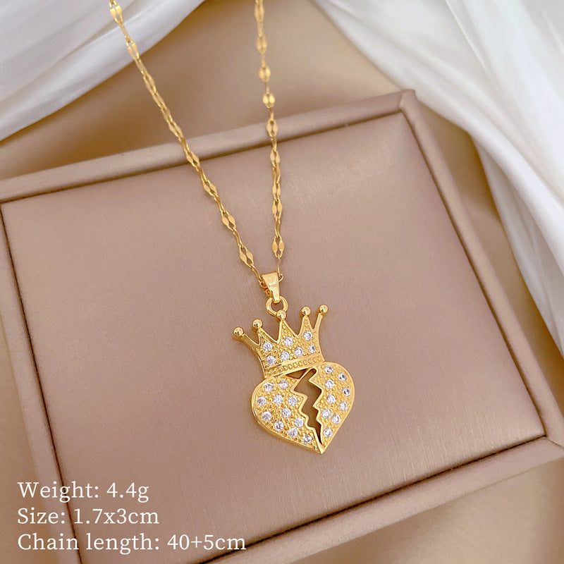 Collar de lujo con colgante de corazón de corona de acero de titanio para mujer con incrustaciones de diamantes de imitación, diseño geométrico, delicada cadena para la clavícula