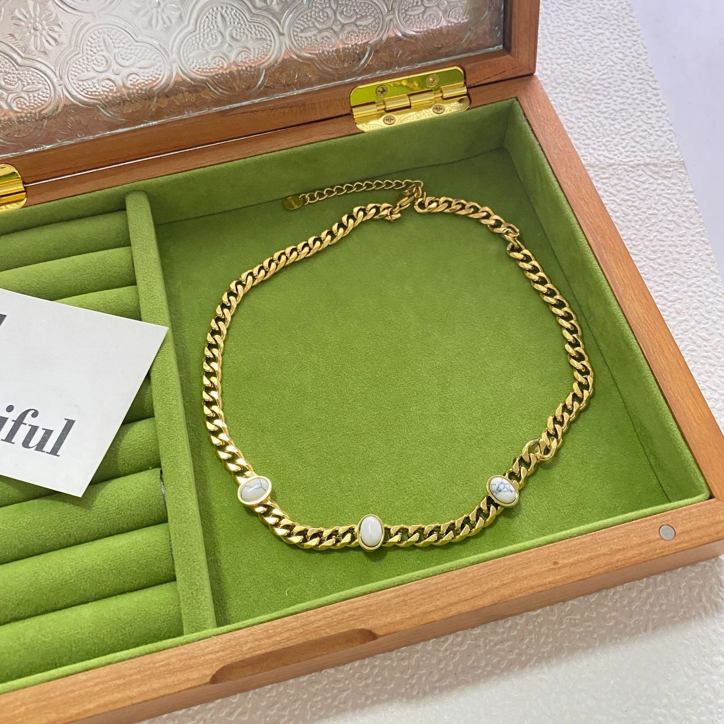 Hip-hop Gold Plated Geometric Titanium Steel Necklace with White Turquoise Inlay