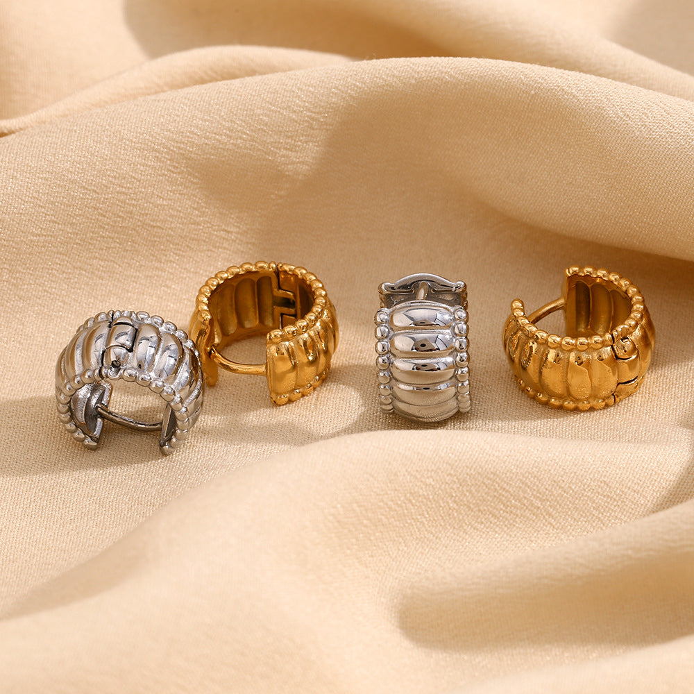 Vintage-Inspired Twisted Geometric Stainless Steel Earrings with 18K Gold Plated Beaded Edge and Threaded Back for Women