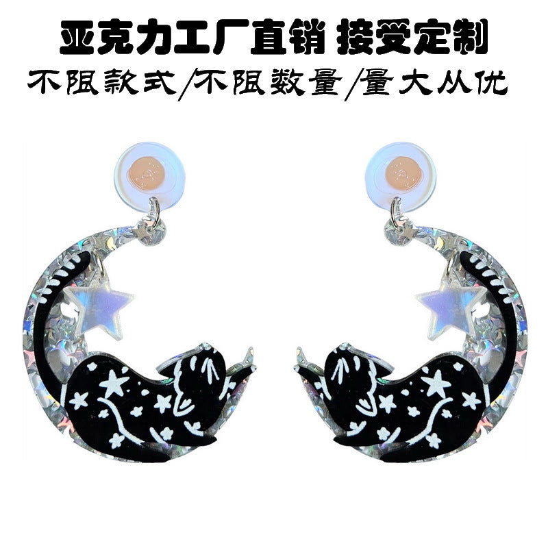 Vintage Halloween Acrylic Earrings with Zodiac Moon and Black Cat Design for Women