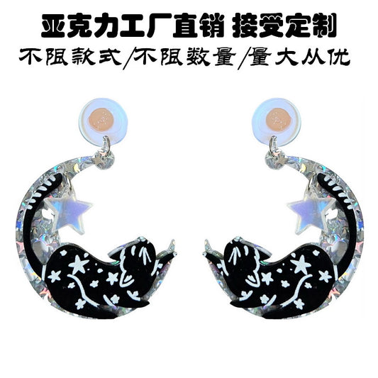 Pendientes acrílicos vintage de Halloween con diseño de luna zodiacal y gato negro para mujer